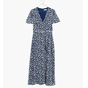 $138 MADEWELL Navy Retro French Floral Midi Tie Wrap Dress Cottagecore Size 6